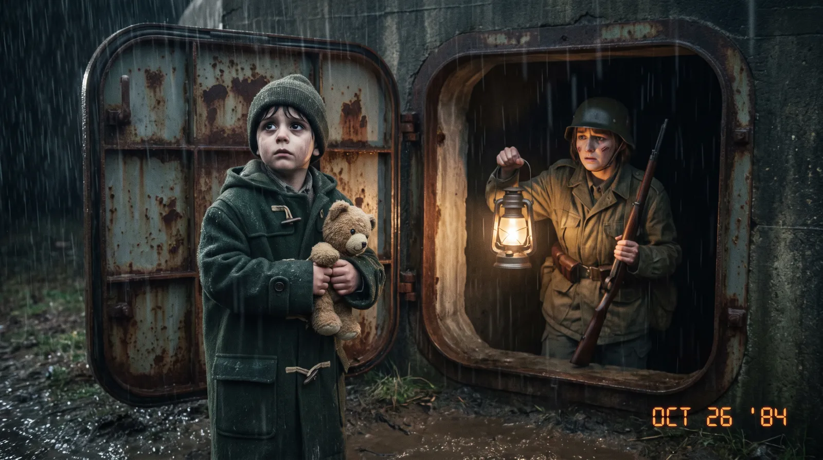 A FOUNDLING at the Coldharbour hatch, Sector 3, 23:40, 2 October: a boy of about six in a soaked duffel coat, clutching a teddy bear, looks up at warden Joss Tully, who has not yet lowered his rifle. Taken by the second warden on a box camera.