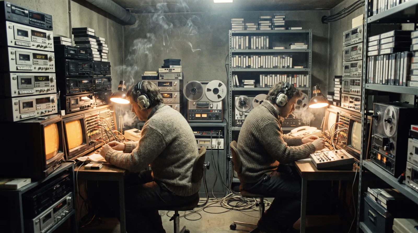 Relay Kittiwake's listening room beneath the old Holloway telephone exchange: forty-one cassette decks, six CRT monitors and one kettle.