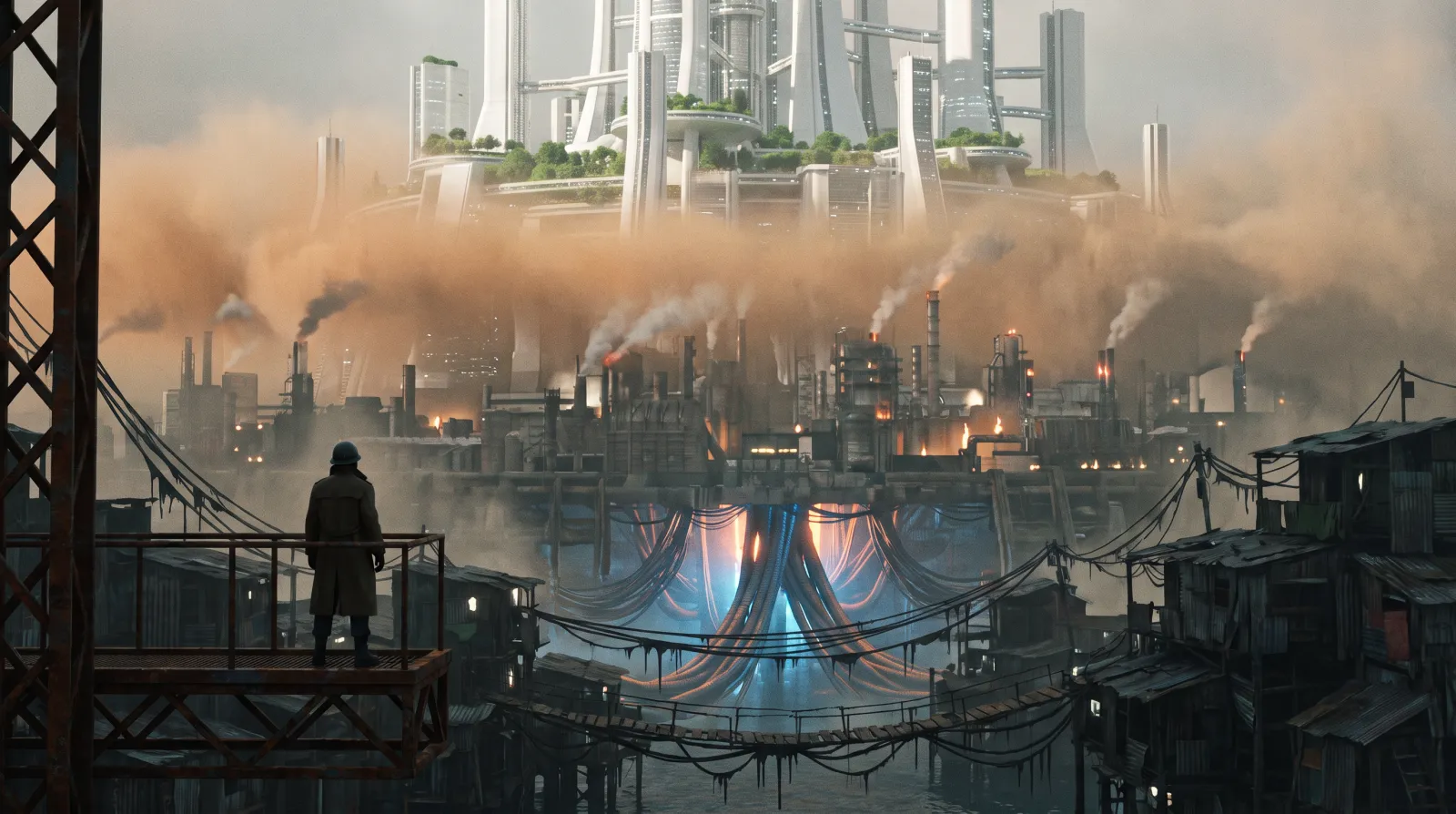 The Continuance City in section from the Holborn Reach gantry, Sector 1: Topside towers above the smog, the factory decks of the Midlevels, the flooded Undercroft below, and the trunk cables running into the core. The figure on the gantry is Sparrow.